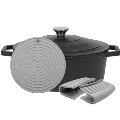B&Q -  4.68L Oval Cast Iron Casserole Dish With Self-Basting LidMatte Black4.95Qt Dutch Oven Roasting Dish Pot