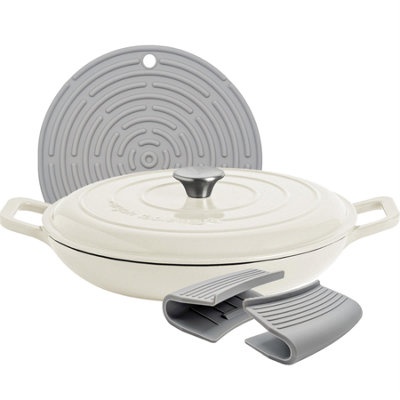 Argon Tableware 2.3L Shallow Cast Iron Casserole Dish With Self-Basting LidPebble Gloss2.43Qt Dutch Oven Roasting Dish from B&Q