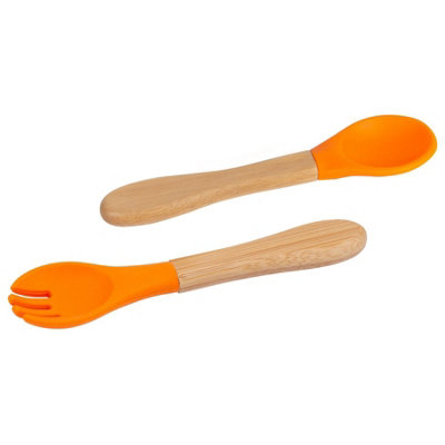 Tiny Dining Bamboo Silicone Tip Fork & Spoon SetOrangeChildren's Baby Toddler Soft Curved Feeding Weaning Cutlery from B&Q