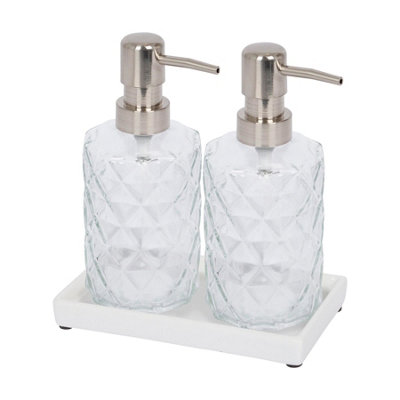 2 Pack Prism Glass Soap Dispenser Set with Ceramic Tray - 330ml - Image 4