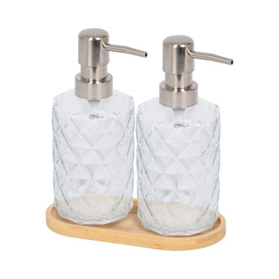 B&Q -  2Pc Prism Glass Soap Dispenser Set With Bamboo Tray330Ml