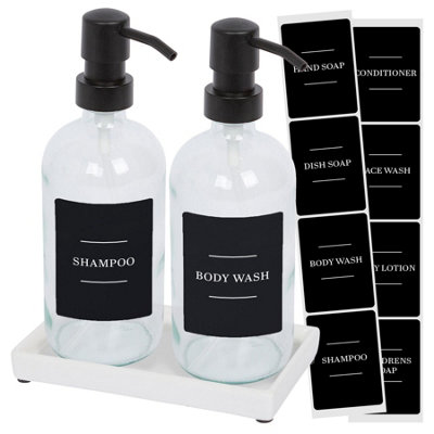 Harbour Housewares 2Pc Glass Soap Dispenser Set With Ceramic Tray & Labels500MlClear/black from B&Q
