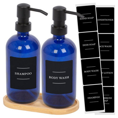 B&Q -  2Pc Glass Soap Dispenser Set With Bamboo Tray & Labels500MlBlue/black