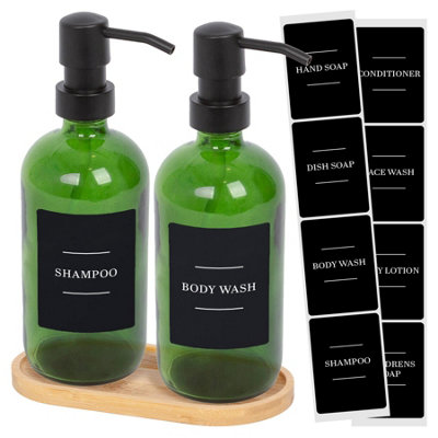 B&Q -  2Pc Glass Soap Dispenser Set With Bamboo Tray & Labels500MlGreen/black