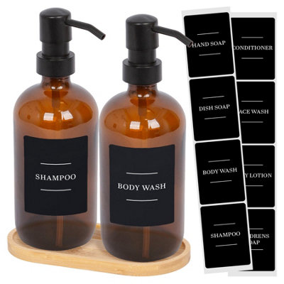 B&Q -  2Pc Glass Soap Dispenser Set With Bamboo Tray & Labels500MlAmber/black