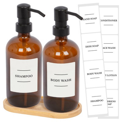 B&Q -  2Pc Glass Soap Dispenser Set With Bamboo Tray & Labels500MlAmber/white