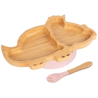 Tiny Dining Bamboo Weaning Plate & Fork SetDinosaur/pastel PinkDivided Non-Slip Bamboo Self-Feeding Weaning Plate & Cutlery from B&Q
