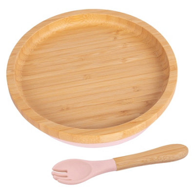 Tiny Dining Bamboo Round Baby Weaning Plate & Fork SetPastel Pink from B&Q