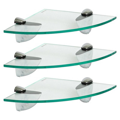 Harbour Housewares 3X Floating Glass Corner Shelves20CmSilver BracketsBathroom Shower Storage Vanity Display Unit Shelf from B&Q