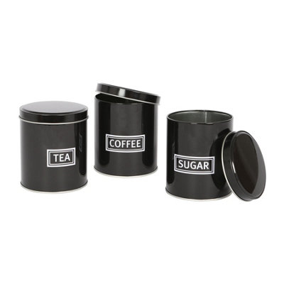 Harbour Housewares 3Pc Round Metal Tea Coffee Sugar Canister Set - Black