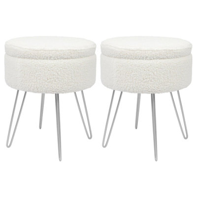 Harbour Housewares Round Boucle Storage Footstools - H46 X D37cm - Pack Of 2 Cream/Silver