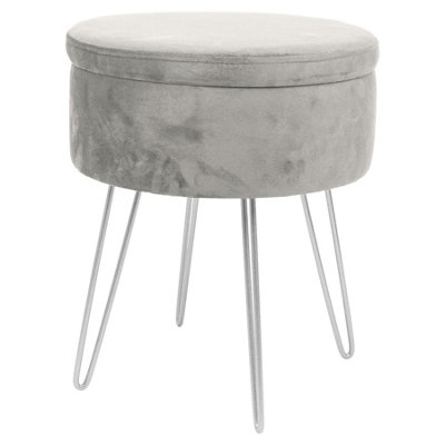 Harbour Housewares Grey/Silver Round Velvet Storage Footstool - H45 X D36cm