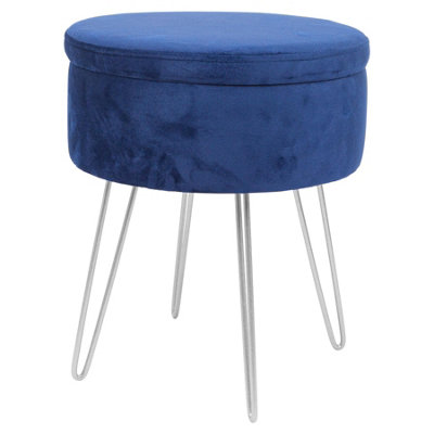 Harbour Housewares Blue/Silver Round Velvet Storage Footstool - H45 X D36cm