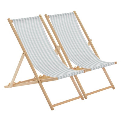 Harbour Housewares Folding Wooden Deck ChairsSage Grey StripePack Of 2