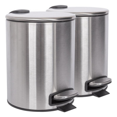 B&Q -  2X Bathroom Pedal Bins5LBrushedRound Stainless Steel Slim Rubbish Dustbin Lid And Inner Liner Bucket