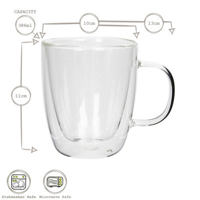 B&Q -  6X Double Walled Coffee Mugs386MlHeat Resistant Glass Cups Latte Glasses Mug Cappuccino Tea Cup With Handles