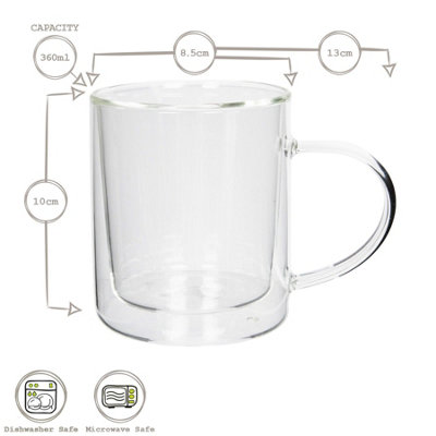 B&Q -  6X Double Walled Coffee Mugs360MlHeat Resistant Glass Cups Latte Glasses Mug Cappuccino Tea Cup With Handles
