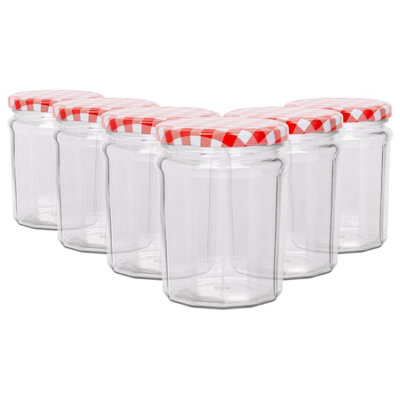 B&Q -  380Ml Glass Jam Jars With Airtight Red Gingham LidsSet Of 6 Empty Screw Top Kitchen Storage Preserving Jar