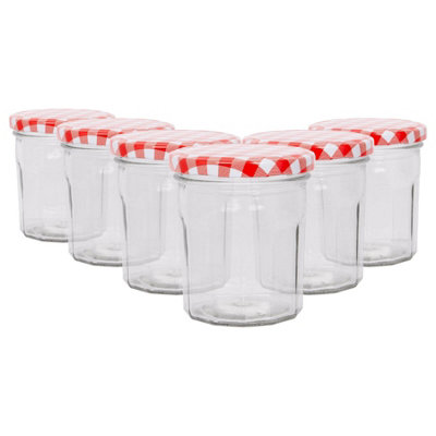 B&Q -  250Ml Glass Jam Jars With Airtight Red Gingham LidsSet Of 6 Empty Screw Top Kitchen Storage Preserving Jar