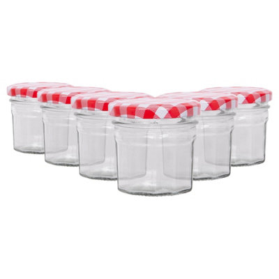 B&Q -  90Ml Glass Jam Jars With Airtight Red Gingham LidsSet Of 6 Empty Screw Top Kitchen Storage Preserving Jar