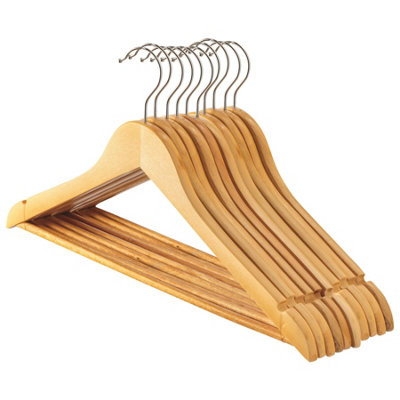 B&Q -  10X Strong Natural Wooden Coat Hangers With 360 Degree Rotatory HookWood Clothes Hangers With Notches & Bar