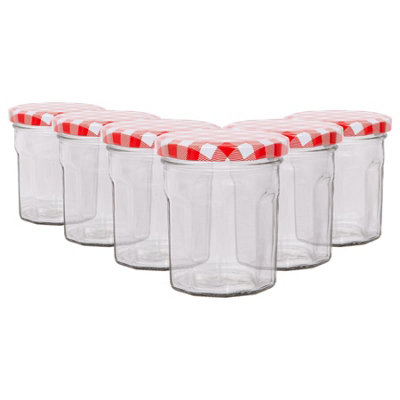 B&Q -  150Ml Glass Jam Jars With Airtight Red Gingham LidsSet Of 6 Empty Screw Top Kitchen Storage Preserving Jar