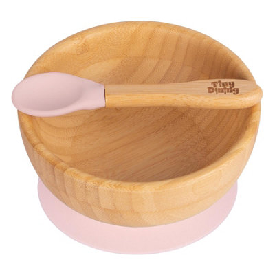 Tiny Dining Bamboo Suction Bowl & SpoonPastel PinkBamboo Baby Toddler Dinner Dessert Cereal Bowl Silicone Spoon Weaning Set from B&Q