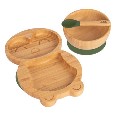 Tiny Dining 3Pc Penguin Bamboo Suction Dinner SetOlive Green from B&Q