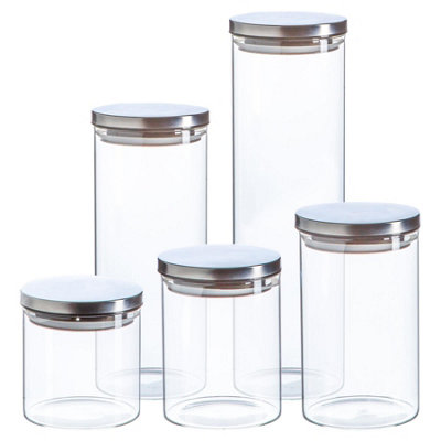 B&Q -  Glass Storage Jar SetSilver Metal LidsModern Round Scandi Organisation Container Glass Jar5 Sizes