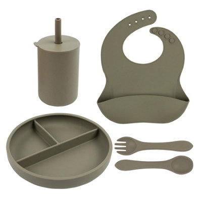 Tiny Dining 4Pc Silicone Suction Weaning SetSilver SageSilicone Baby Toddler Feeding Set With BibCupPlate & Cutlery from B&Q