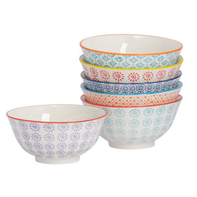 Nicola Spring 6X Hand-Printed Cereal Bowls6 Colours16CmPatterned Japanese Style Porcelain Serving Bowls from B&Q