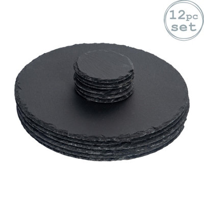 B&Q -  12Pc Slate Placemats & Coasters SetRound Black Natural Stone Dinnerware Plate Placemats Drink Mats