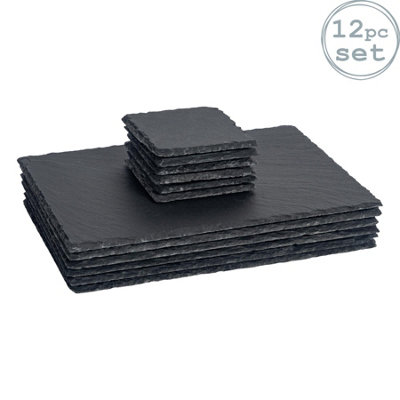 B&Q -  12Pc Slate Placemats & Coasters SetNatural Slate Stone Dinnerware Dining Table Mats For Home Kitchen Dining