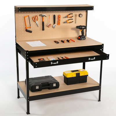 B&Q -  Garage Steel Storage Tool Workbench Workshop Diy Table W/ Pegboard Drawers Black