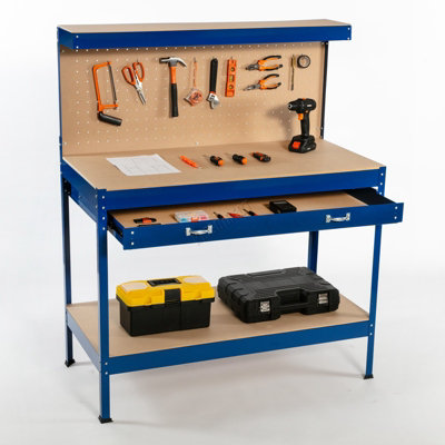 B&Q -  Garage Steel Storage Tool Workbench Workshop Diy Table W/ Pegboard Drawers Blue