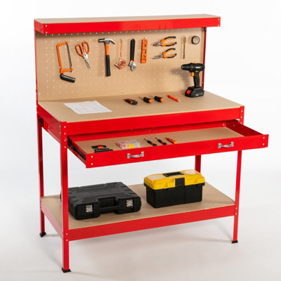 Switzer Garage Steel Storage Tool Workbench Workshop Diy Table W/ Pegboard Drawers Red from B&Q