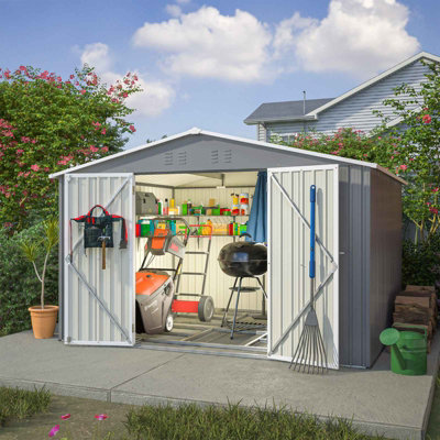 Birchtree 10X8Ft Metal Garden Shed Apex Roof With Free Foundation Base Storage House Grey