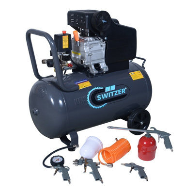 Switzer Air Compressor 50L Litre Ltr Tank 2.5Hp 8 Bar Pressure 230V 50Hz 6.7Cfm With 5Pcs Kits Wheel Handle Grey Ac004 New