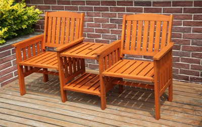 B&Q -  Outdoor Garden Love Duo Seat Patio Bench Couples Yard 2 Seater Chair Twin With Table Set Parasol Hole Pool Wooden