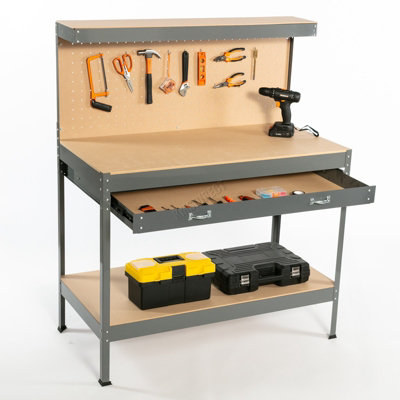 Switzer Garage Steel Storage Tool Workbench Workshop Diy Table W/ Pegboard Drawers Grey from B&Q