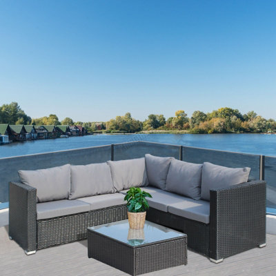 Birchtree Rattan Garden Furniture Set Corner Sofa Glass Table Patio 5 Seaters Black from B&Q