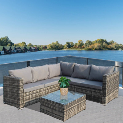 Birchtree Rattan Garden Furniture Set Corner Sofa Glass Table Patio 5 Seaters Grey from B&Q