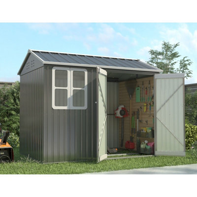 Birchtree 8X6Ft Steel Apex Garden Shed House Tool Equipment Organizer W/ Window Door Grey from B&Q