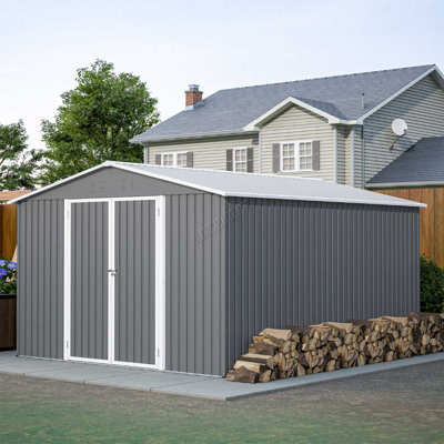 Birchtree 10X12Ft Metal Garden Shed Apex Roof With Free Foundation Base Storage House Grey