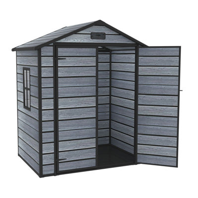 Birchtree 6X4.4Ft Plastic Garden Shed Apex With Floor Window Lockable Door Wood Grain Grey from B&Q