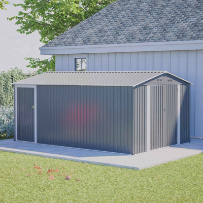 Birchtree 10X14 Ft Metal Garden Shed Apex RoofLarge Outdoor Storage Shed Tool House With Lockable Double DoorsGrey from B&Q