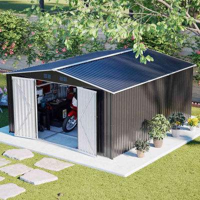 Birchtree 12X14 Ft Metal Garden Shed Apex RoofLarge Outdoor Storage Shed Tool House With Lockable Double DoorsAnthracite from B&Q