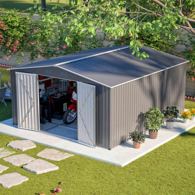 Birchtree 12X14 Ft Metal Garden Shed Apex RoofLarge Outdoor Storage Shed Tool House With Lockable Double DoorsGrey from B&Q