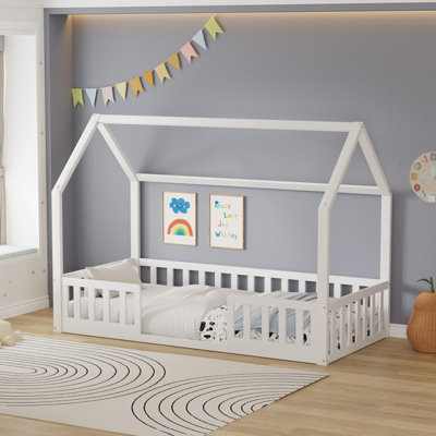 Westwood Wooden House-Shaped Toddler Bed Frame Single With Split Safety Guard Rails White