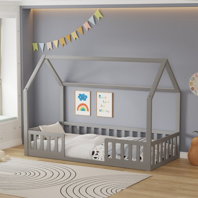 Westwood Wooden House-Shaped Toddler Bed Frame Single With Split Safety Guard Rails Grey